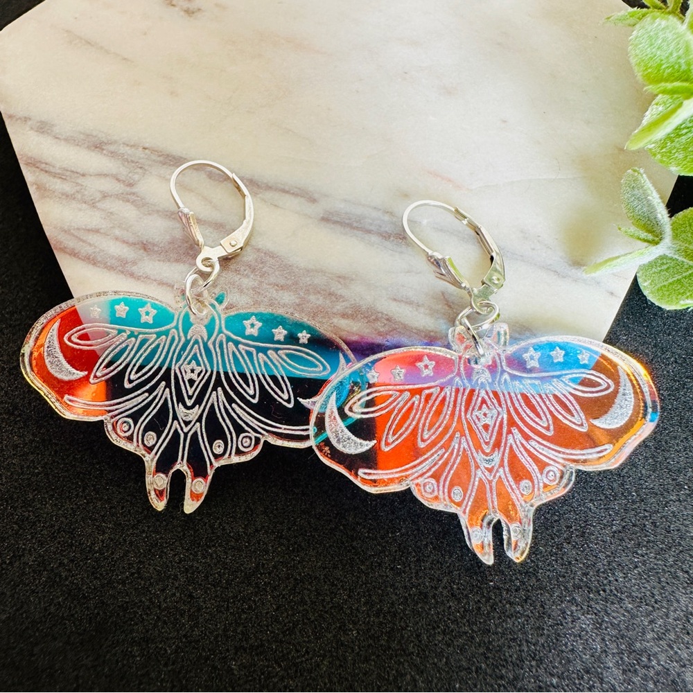 Luna Moth Earrings Celestial Moon Butterfly Lightweight iridescent Earrings